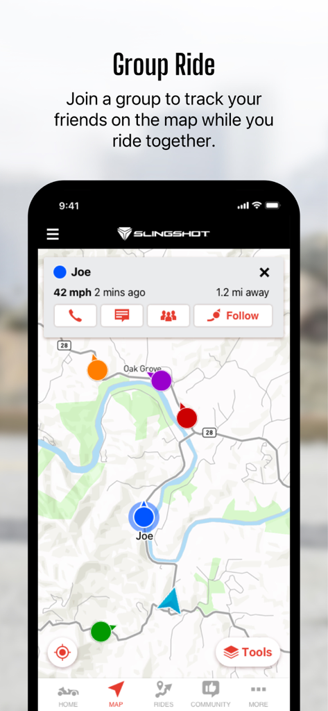 Slingshot® - Slingshot app interface showing the Group Ride feature with rider locations and speeds on a map
