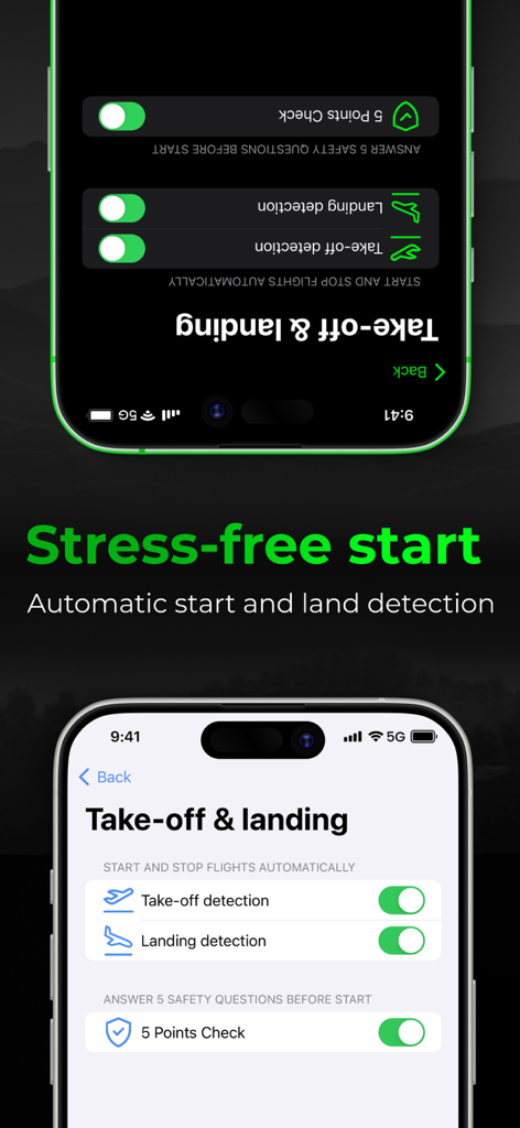 Vario One app interface showing automatic take-off and landing detection settings and a five-point safety check