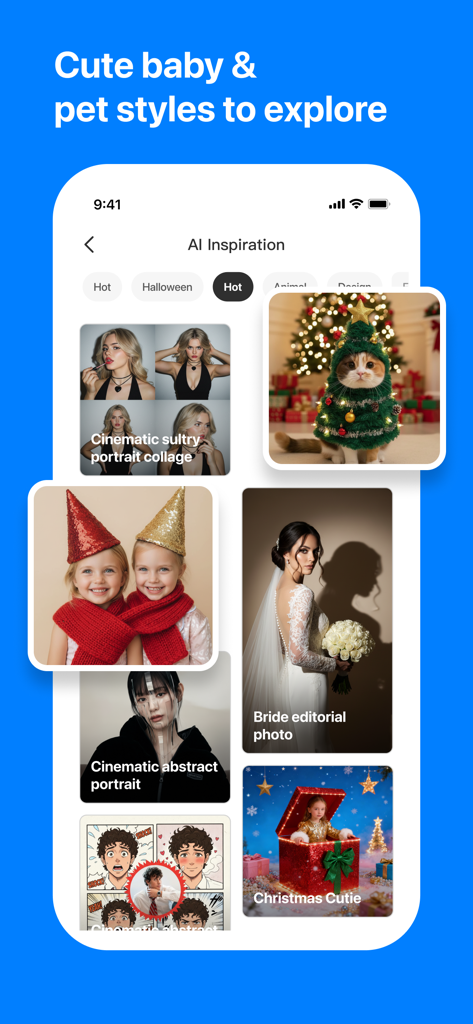 PhotoClip:AI Background Eraser - AI inspiration gallery showing creative photo styles for babies pets and portraits in PhotoClip