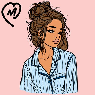 realistic woman with pajamas on and a messy bun