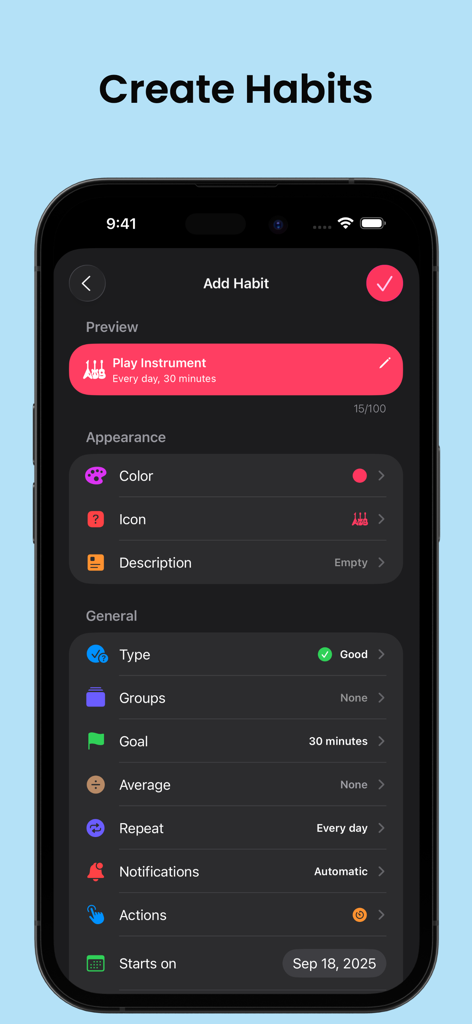 Grit: Daily Habit Tracker - L'interfaccia dell'app Grit habit tracker che mostra come creare e personalizzare una nuova abitudine giornaliera su un iPhone.