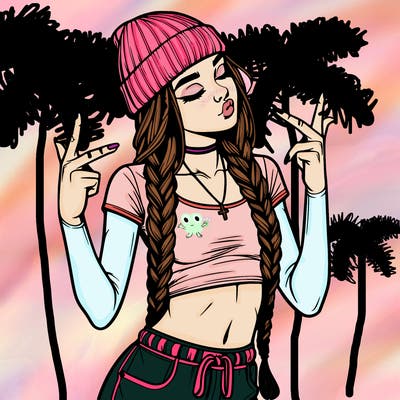 realistic teenage girl with braids and a beanie and crop top doing 🫶🏼