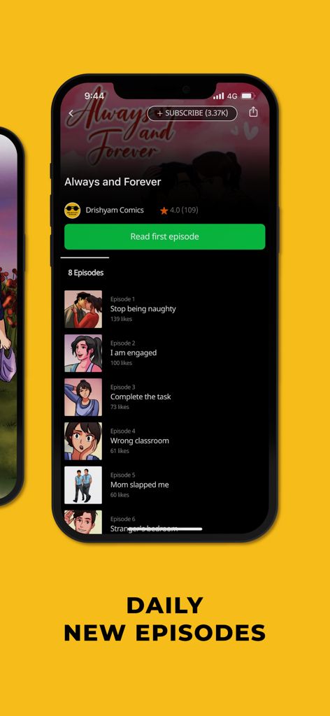 Pratilipi Comics - La pantalla de un smartphone que muestra la interfaz de la aplicación Pratilipi Comics con una lista de nuevos episodios diarios para una serie de cómics románticos
