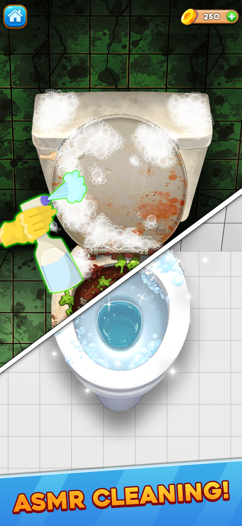 Satisclean - ASMR Cleaning Up - Confronto prima e dopo la pulizia di un water sporco nel gioco mobile ASMR Satisclean