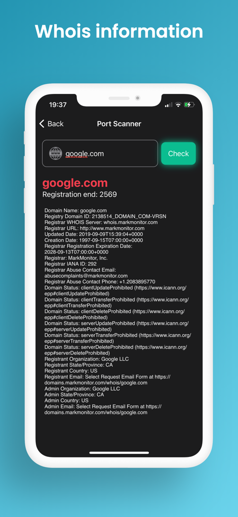 App NetScan que muestra los datos de registro WHOIS para un dominio