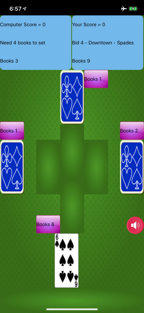Bid Whist - Classic - Bid Whist Classic card game interface showing scores and a downtown spades bid on a green table.