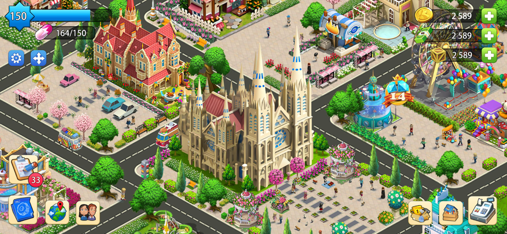 Lily City: Building metropolis - Isometric view of a vibrant city layout in Lily City featuring a grand white cathedral and residential buildings.