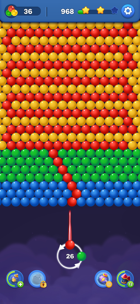 Bubble Pop！Bubble Shooter Game - 빨강, 노랑, 초록, 파랑색의 버블 행과 아래쪽 캐논에서 조준되는 빨간색 버블을 보여주는 모바일 게임 화면