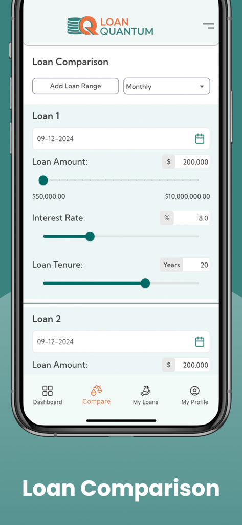 LoanQuantum - Una pantalla de aplicación móvil que muestra una herramienta de comparación de préstamos donde los usuarios pueden ingresar montos de préstamo, tasas de interés y plazos para comparar diferentes opciones financieras.