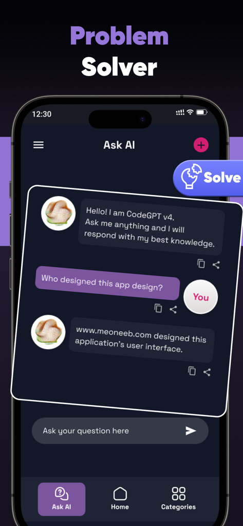 Code AI: Learn Programming - Una interfaz de aplicación móvil mostrando un chat impulsado por IA para resolver problemas y preguntas de codificación