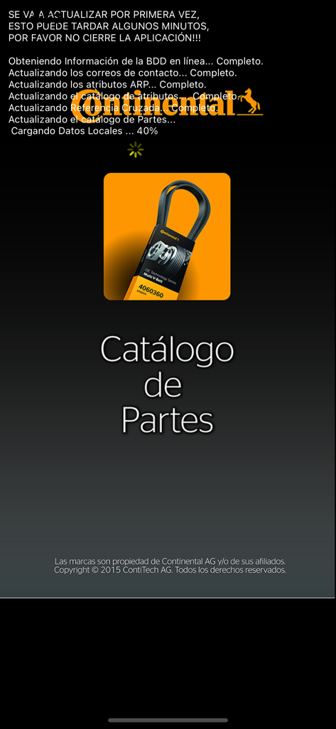 Ladebildschirm der Catalogo de Partes Elite App von Continental mit Produktbild eines Riemens und Statusaktualisierungen.