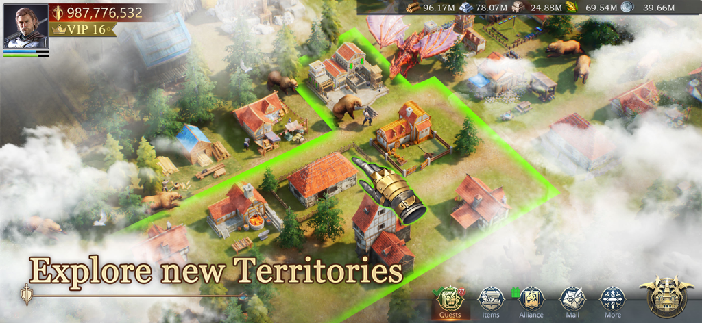 Game of Kings:The Blood Throne - Top down view of a medieval empire being built with a dragon and bears in Game of Kings The Blood Throne