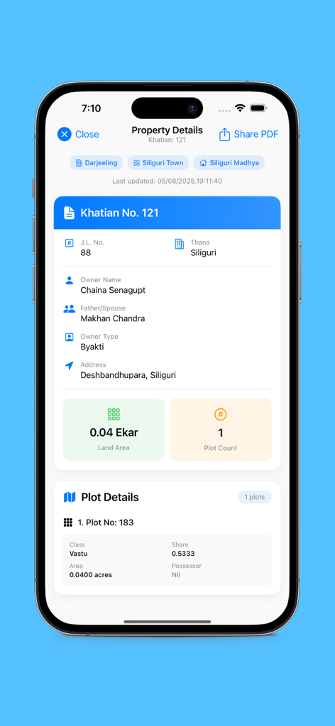 A mobile screenshot showing West Bengal land record details including Khatian number owner name and plot information