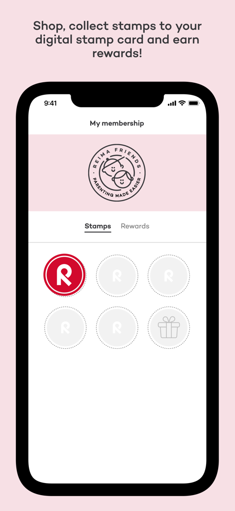 Interface de cartão de carimbo digital no programa de fidelidade Reima Friends mostrando recompensas ganhas.