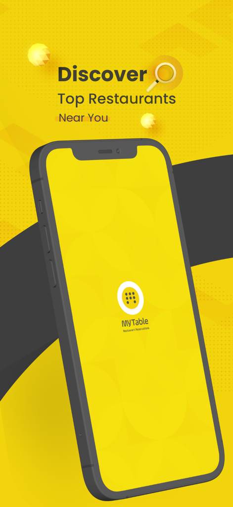 MyTable ماي تيبل - 黄色い背景にMyTableアプリのスプラッシュスクリーンを表示するスマートフォン、近くのトップレストランを発見するというテキストが表示されています