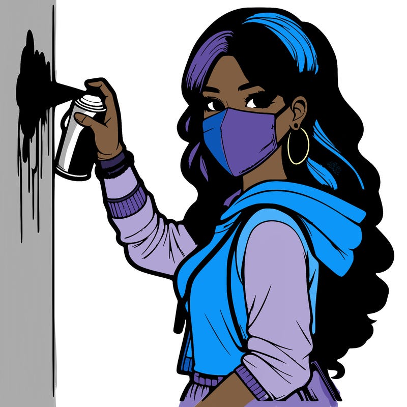 realistic girl with mask spray painting a wall