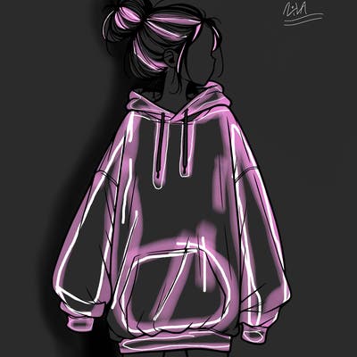 realistic girl with a oversized sweatshirt on and a bun