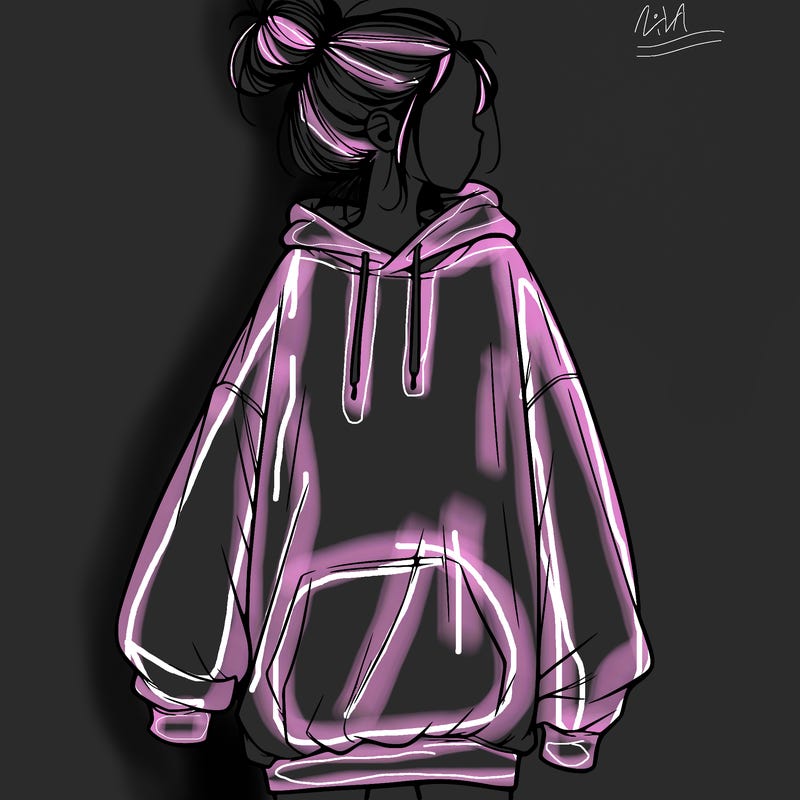 realistic girl with a oversized sweatshirt on and a bun