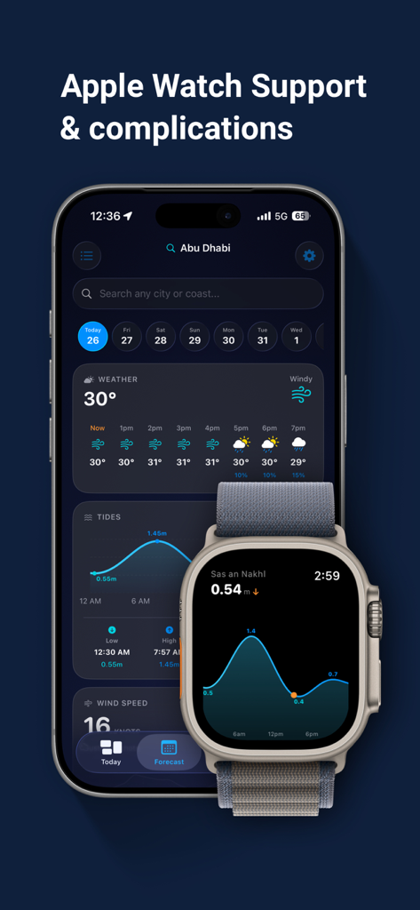 AlMayeh: Tides, Weather & More - AlMayeh marine app displaying tide graphs and weather data on iPhone and Apple Watch