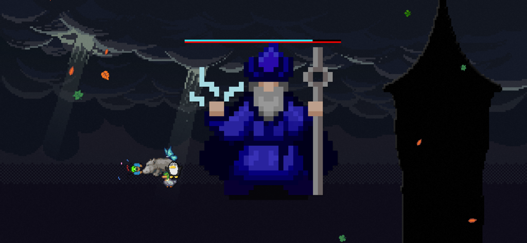 Leaf Blower Revolution - Una batalla contra un jefe mago azul gigante en el juego pixel art Leaf Blower Revolution