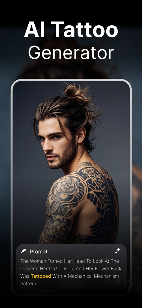 Creative AI app interface showing an AI generated tattoo design on a man shoulder and back