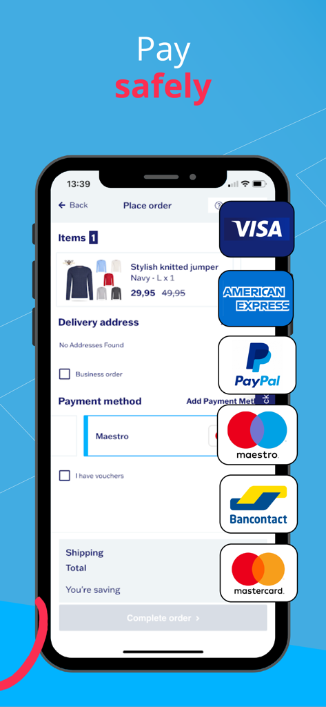 Outspot - Outspot mobile app checkout screen showing secure payment options including Visa PayPal and Mastercard