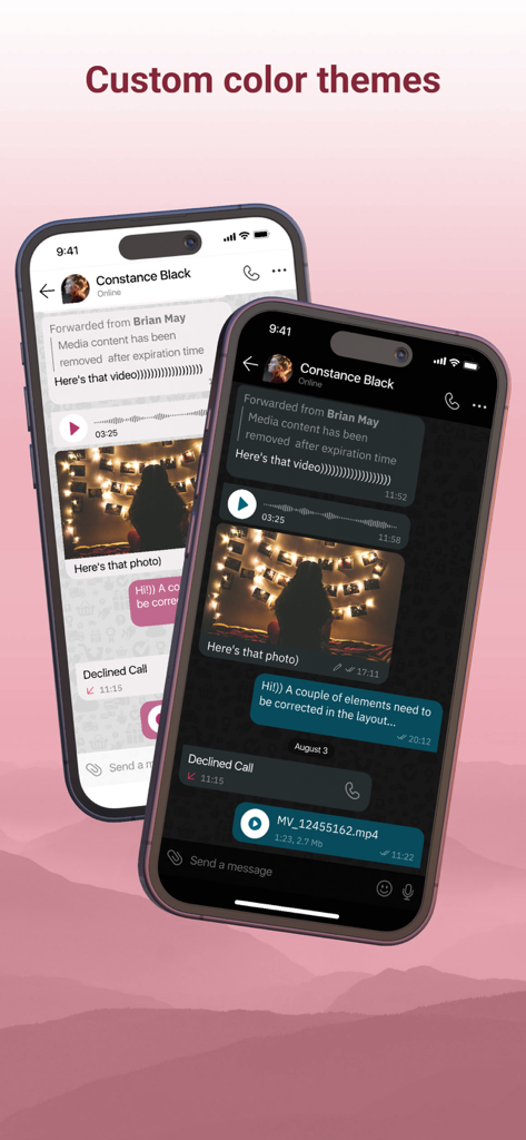 TeleGuard - Pantallas de chat de TeleGuard mostrando temas de color en modo claro y oscuro