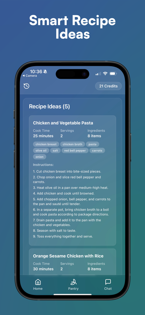Cooksy - AI Recipe Generator - Cooksyアプリ画面に、食材とステップバイステップの指示が表示されたチキンと野菜のパスタのスマートレシピが表示されている