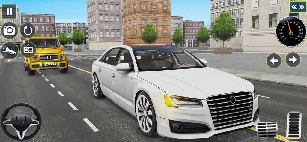 Car Driving Simulator Game - Gameplay screenshot of a white luxury car driving through city streets with a mobile game interface.