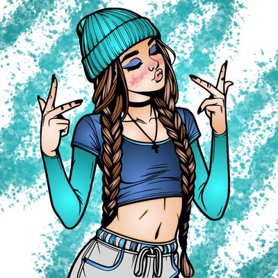realistic teenage girl with braids and a beanie and crop top doing 🫶🏼