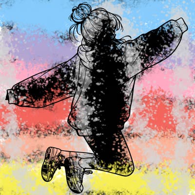 realistic girl jumping with a bun and oversized sweatshirt