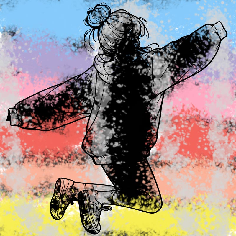 realistic girl jumping with a bun and oversized sweatshirt