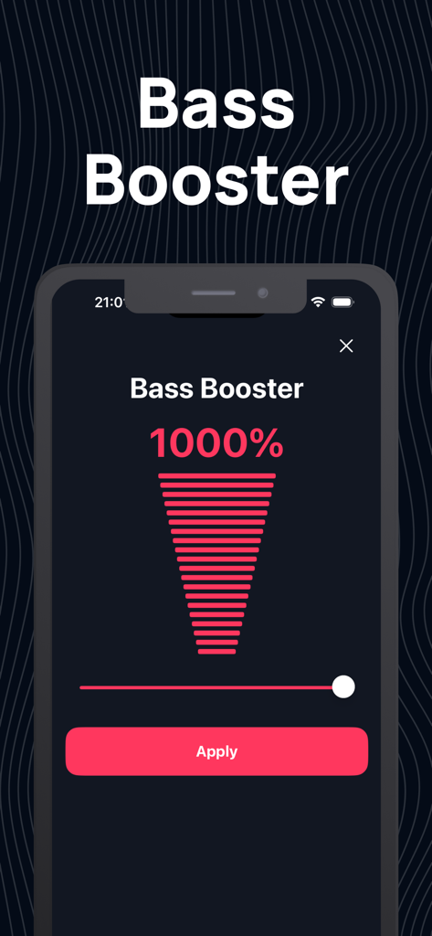 Volume Booster ° - Pantalla de iPhone mostrando la función de mejora de graves (Bass Booster) configurada al 1000 por ciento en la aplicación Volume Booster.