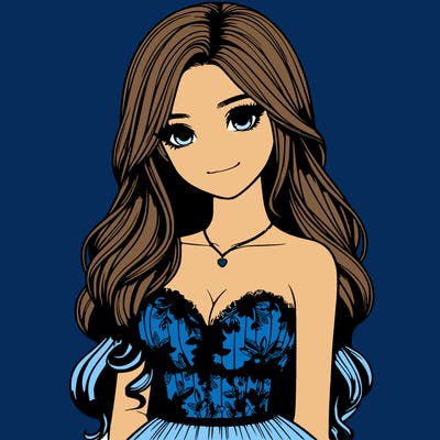 realistic girl with long hair and pretty prom dress