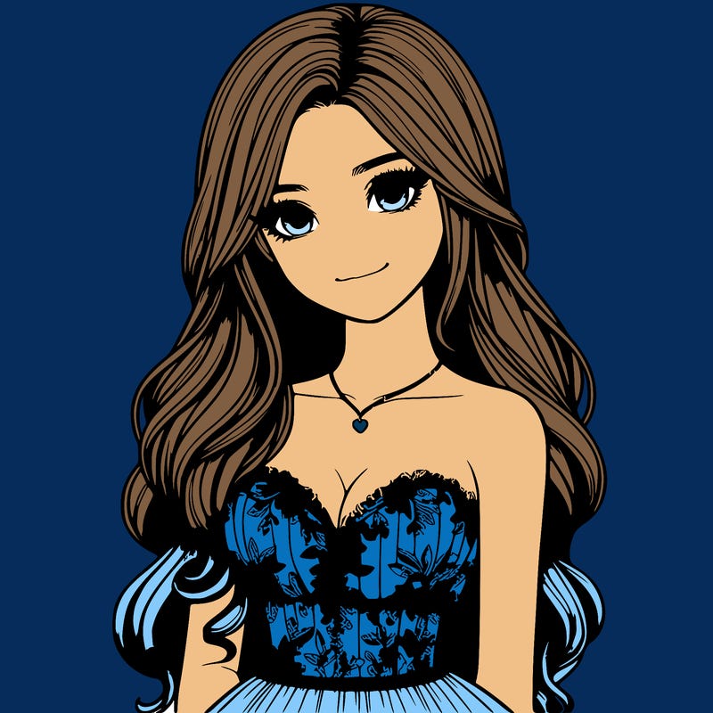 realistic girl with long hair and pretty prom dress