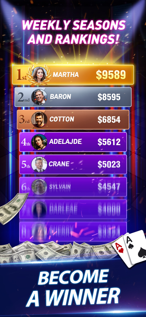 Texas Cash - Win Real Money - Weekly seasons and rankings leaderboard showing top poker players and their cash prizes