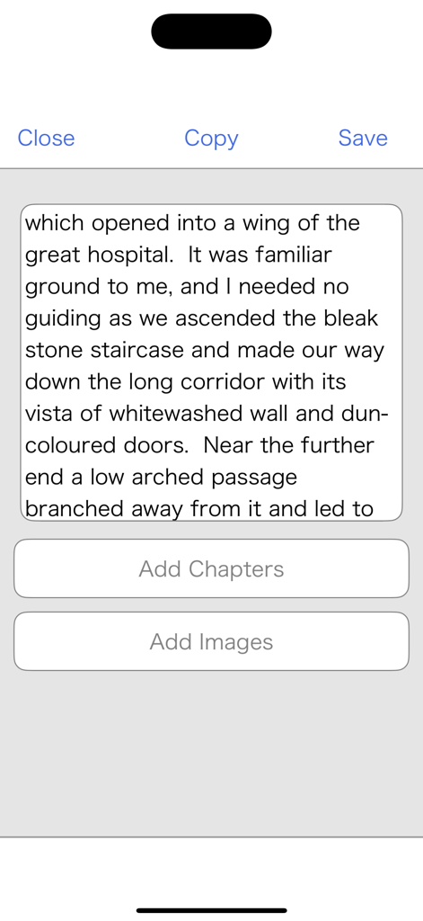 eBook Maker Pro in English - Tela do aplicativo eBook Maker Pro mostrando editor de texto com botões para adicionar capítulos e adicionar imagens