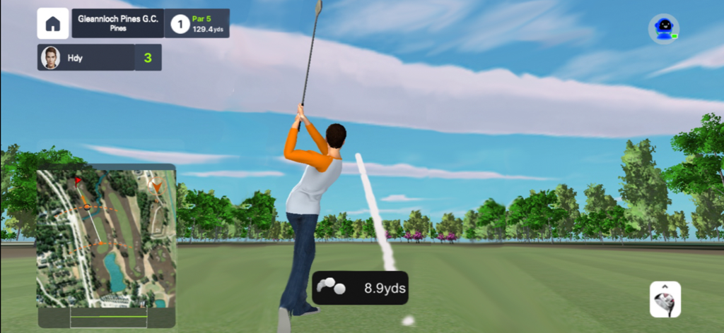 SmartGolf AI Analyzer - 3D avatar swinging a club on a virtual golf course in the SmartGolf AI Analyzer app