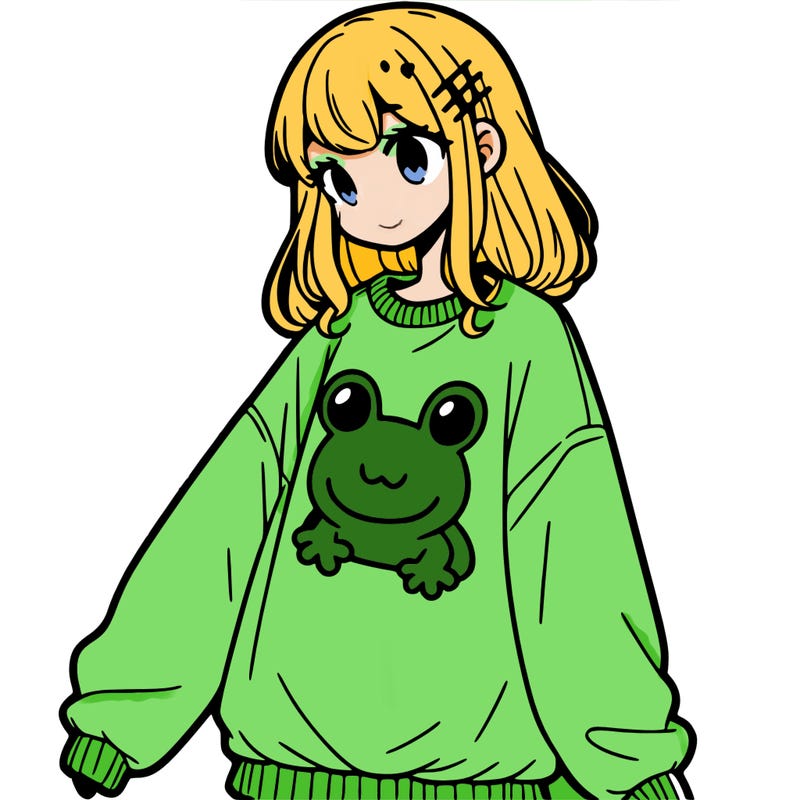girl wearing frogging sweatshirt