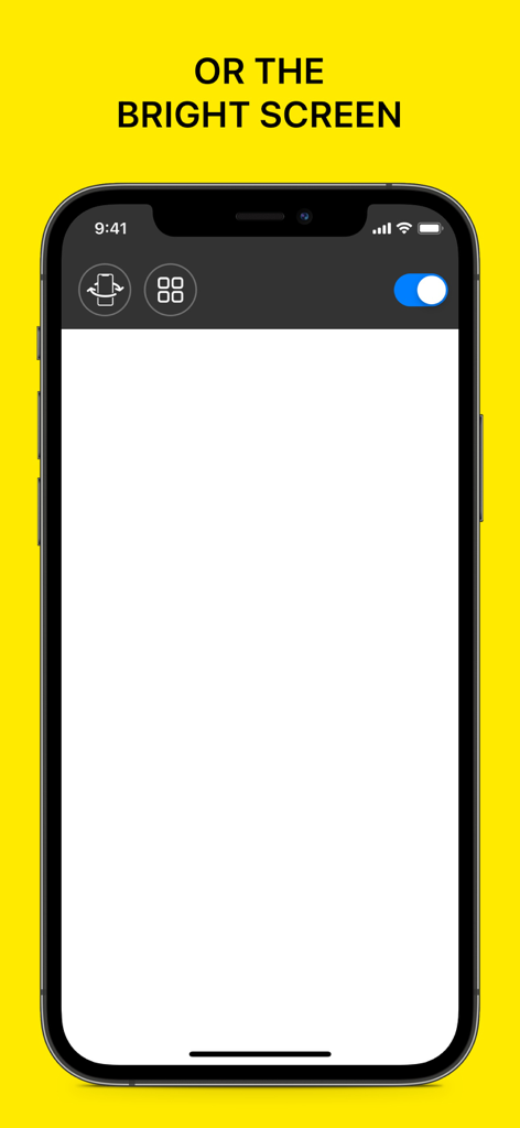MyLight app interface showing the bright white screen flashlight mode on an iPhone