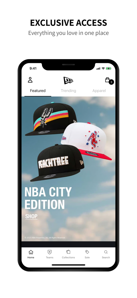 Shop New Era - Écran d'accueil de l'application mobile Shop New Era présentant des casquettes NBA City Edition et un accès exclusif.