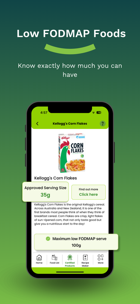 FODMAP Friendly app screen showing approved serving sizes for low FODMAP cereal