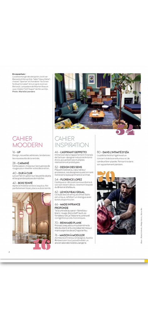 Milk Decoration - Table of contents from Milk Decoration magazine featuring modern interior design and artisanal craftsmanship.