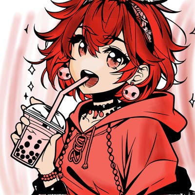 hot baddie anime girl drinking boba and biting the straw