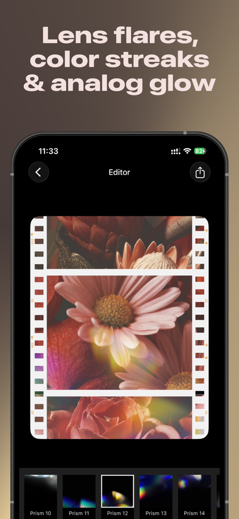 LUCH: Photo Effects & Filters - Editor do aplicativo LUCH mostrando flares de lente e filtros de brilho analógico em uma foto