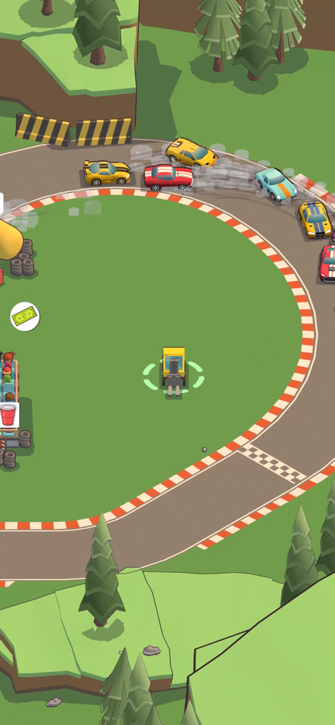 Car Speed Racing - Idle Tycoon - Top down view of colorful cars racing on a curved track with a management interface in Car Speed Racing Idle Tycoon