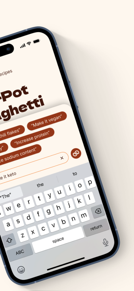 Interfaz de la aplicación Ladle mostrando opciones de modificación dietética con IA para una receta de espaguetis