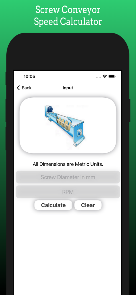Screw Conveyor Speed Calculator interface with inputs for screw diameter and RPM