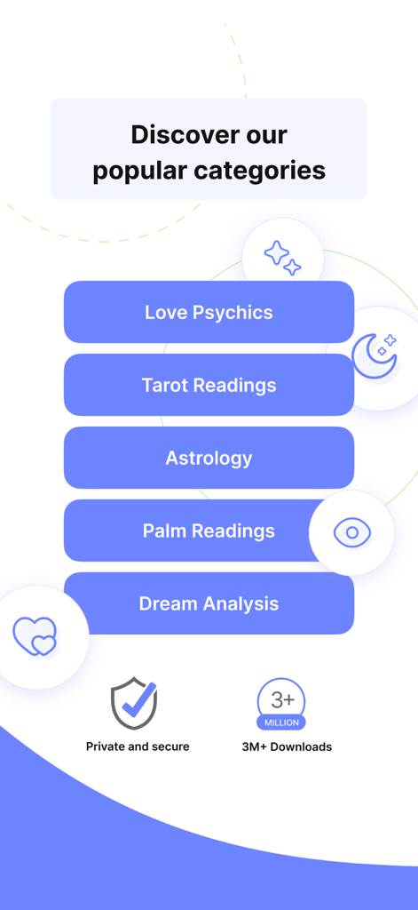 Interface de l'application Kasamba affichant les catégories de voyance, notamment Voyants Amour, Tirages de Tarot, Astrologie, Chiromancie et Analyse des Rêves