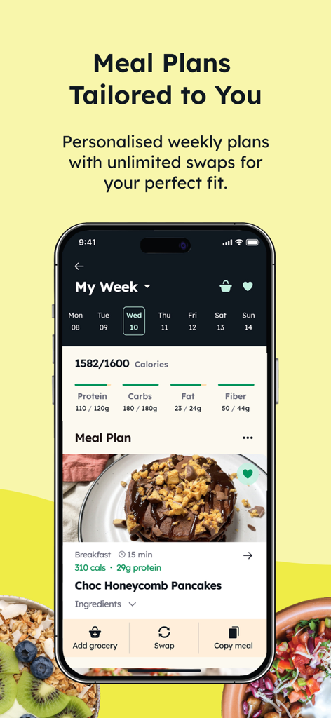 equ app - Interfaz móvil de la app equ mostrando planes de comida personalizados y seguimiento de macronutrientes